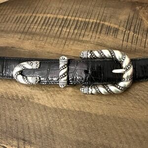Brighton Womens Medium  1" Black‎ Leather Croc Embossed Silver Buckle Belt